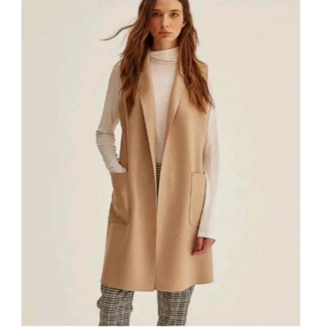 Joie Tan/Camel Open Front Longline Sleeveless Vest/Jacket Size Large Trench